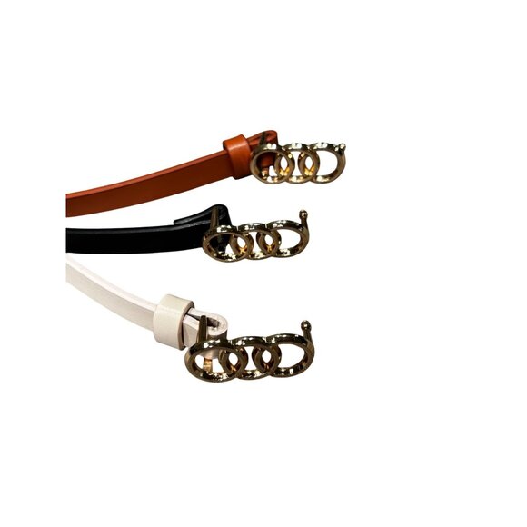 Set Of 3 Slim Belts With Gold Buckle In White Black Brown Faux Leather - Picture 3 of 3